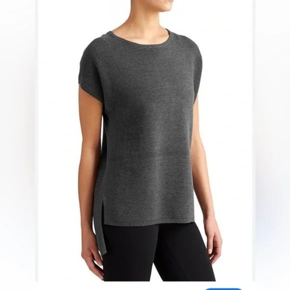 Athleta Aster Ribbed Short Sleeve Tunic Sweater XXS Cotton Blend Charcoal Gray